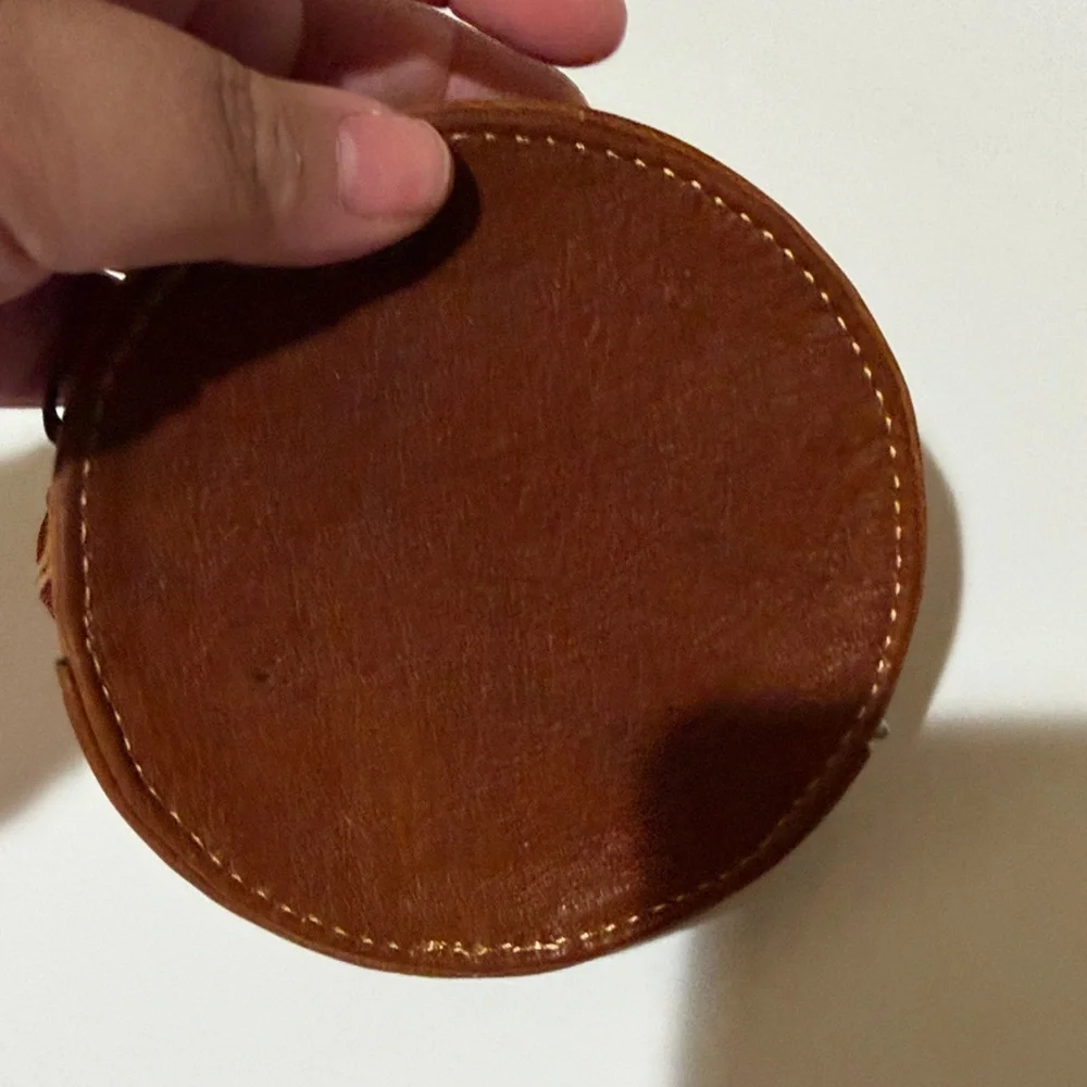 Tooled Leather Cherry Round Wristlet Pouch - Brown with Red Accents